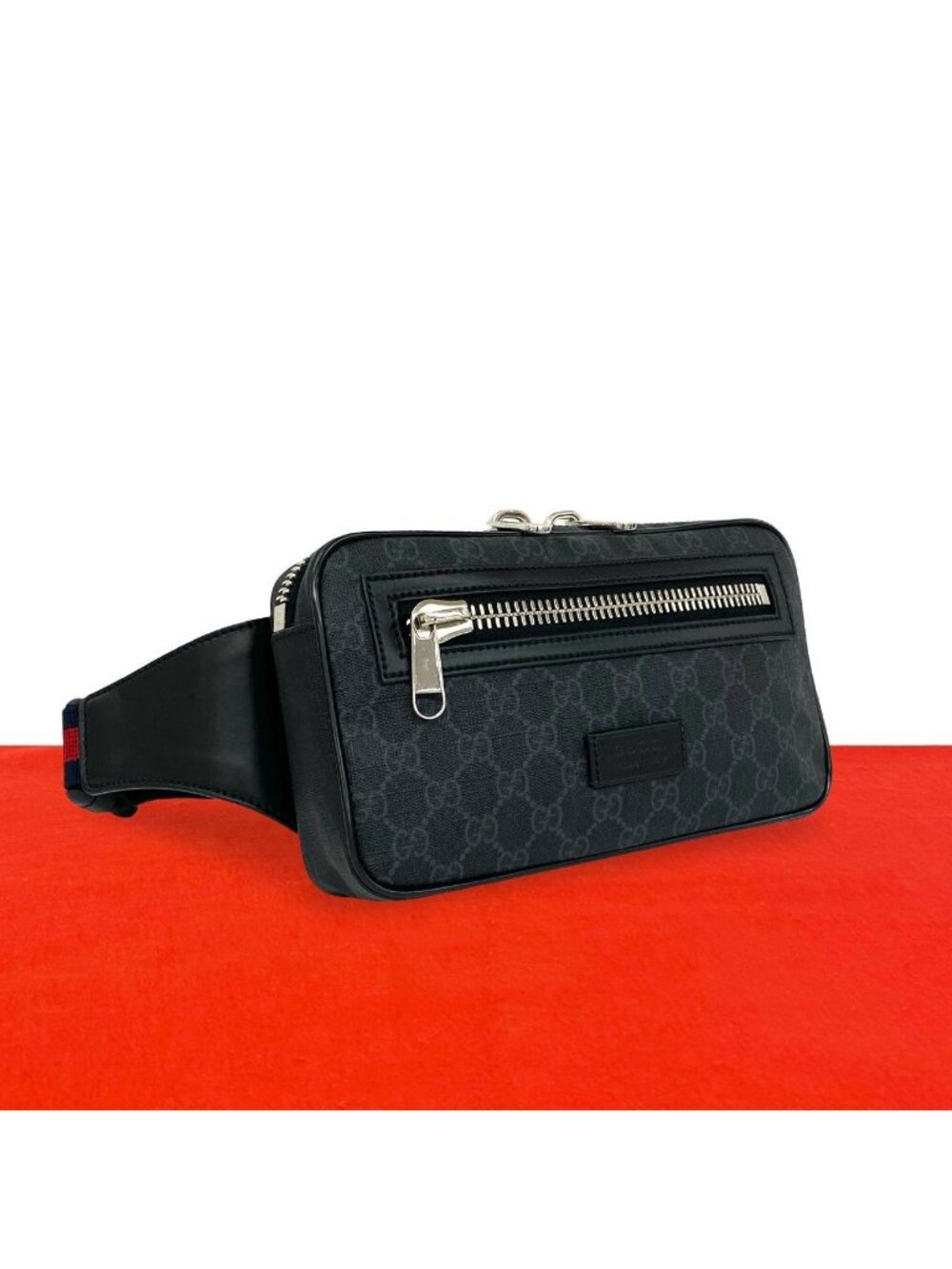Gucci Sherry Line GG Pattern Logo Leather Belt Bag Waist Pouch Black Navy